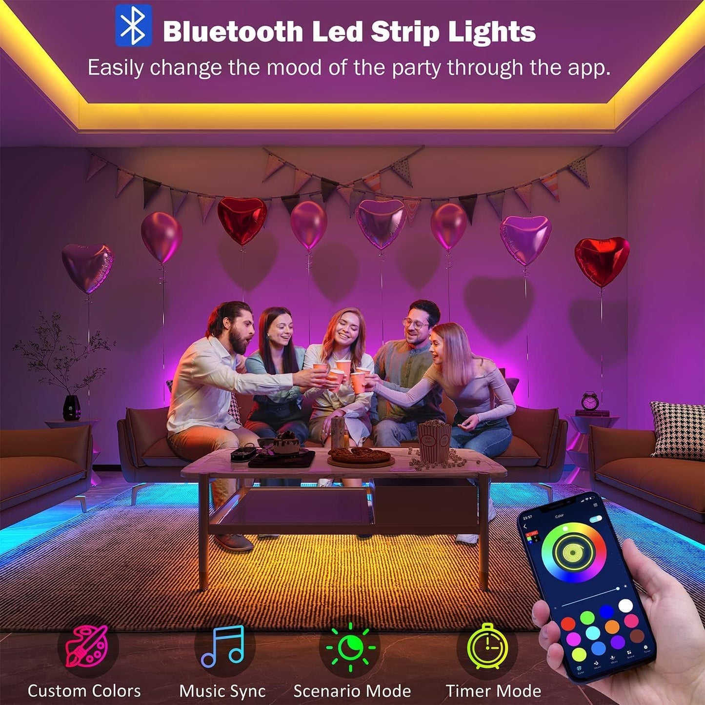 30M Led Strip Lights (2 Rolls of 15M) Bluetooth Smart App Control Music Sync Color Changing RGB Led Light Strips with Remote,Led Lights for Bedroom Room Home Birthday Decor