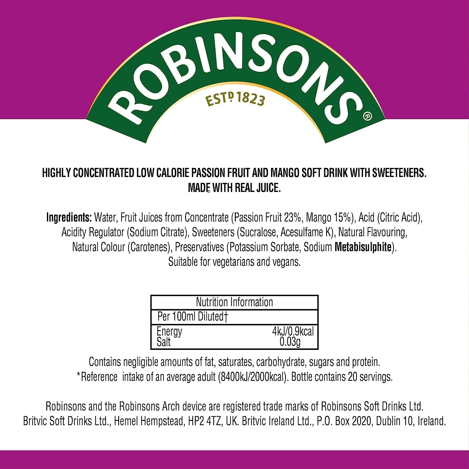 Robinsons Mini - No Added Sugar - Low Calorie - Passion Fruit and Mango - Makes 20 Drinks per Pack, 6 X 66 Ml Packs