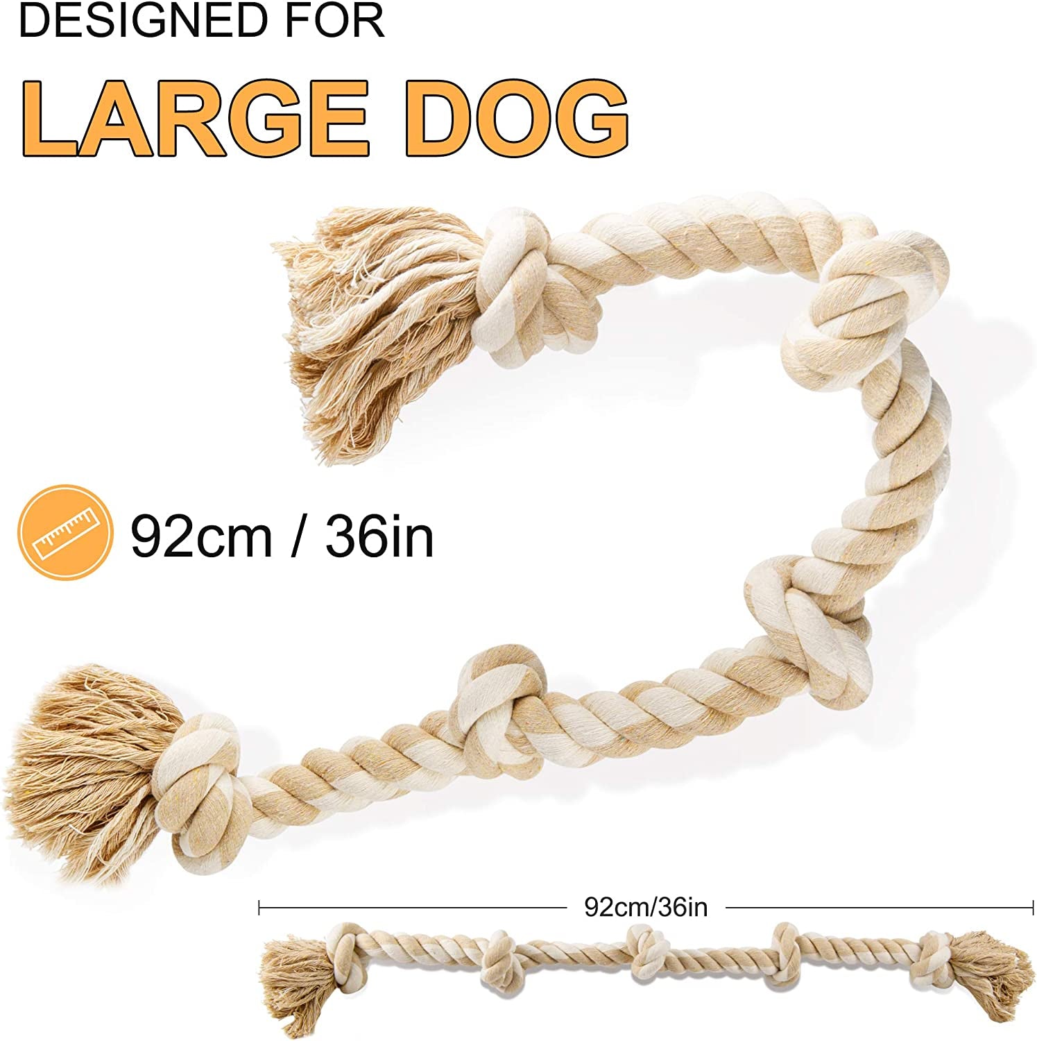 Dog Rope Toys for Large/Medium Aggressive Chewers, Tough Rope Chew Toy, 90Cm 5 Knots Clear Store