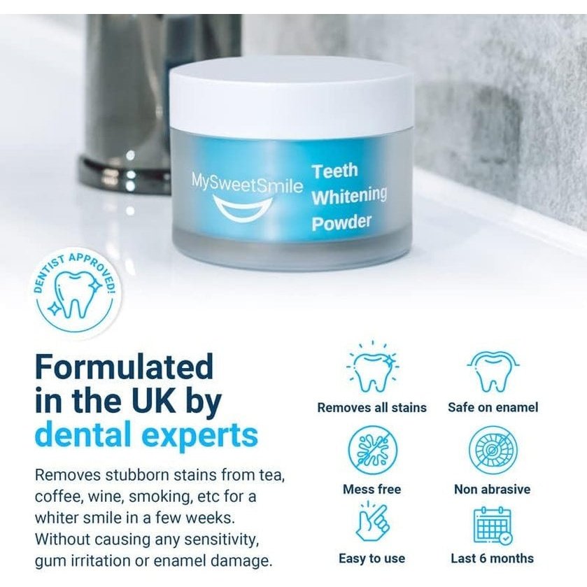 Teeth Whitening Powder - 6 Month Whitener Supply | Tea, Coffee, Wine & Smoking Stain Remover | Sensitivity & Pain Free Formula for a Bright Smile | Peroxide Free | Refreshing Mint Flavour