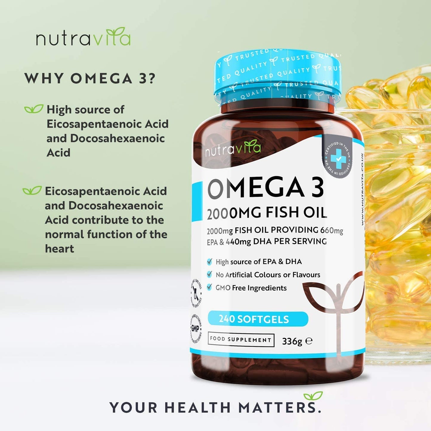 Omega 3 Fish Oil 2000Mg – 240 High Strength Capsules (4 Month Supply) – 660Mg EPA & 440Mg DHA per Daily Serving – Supports Normal Heart Function – Pure Omega 3 Capsules – Made in the UK by