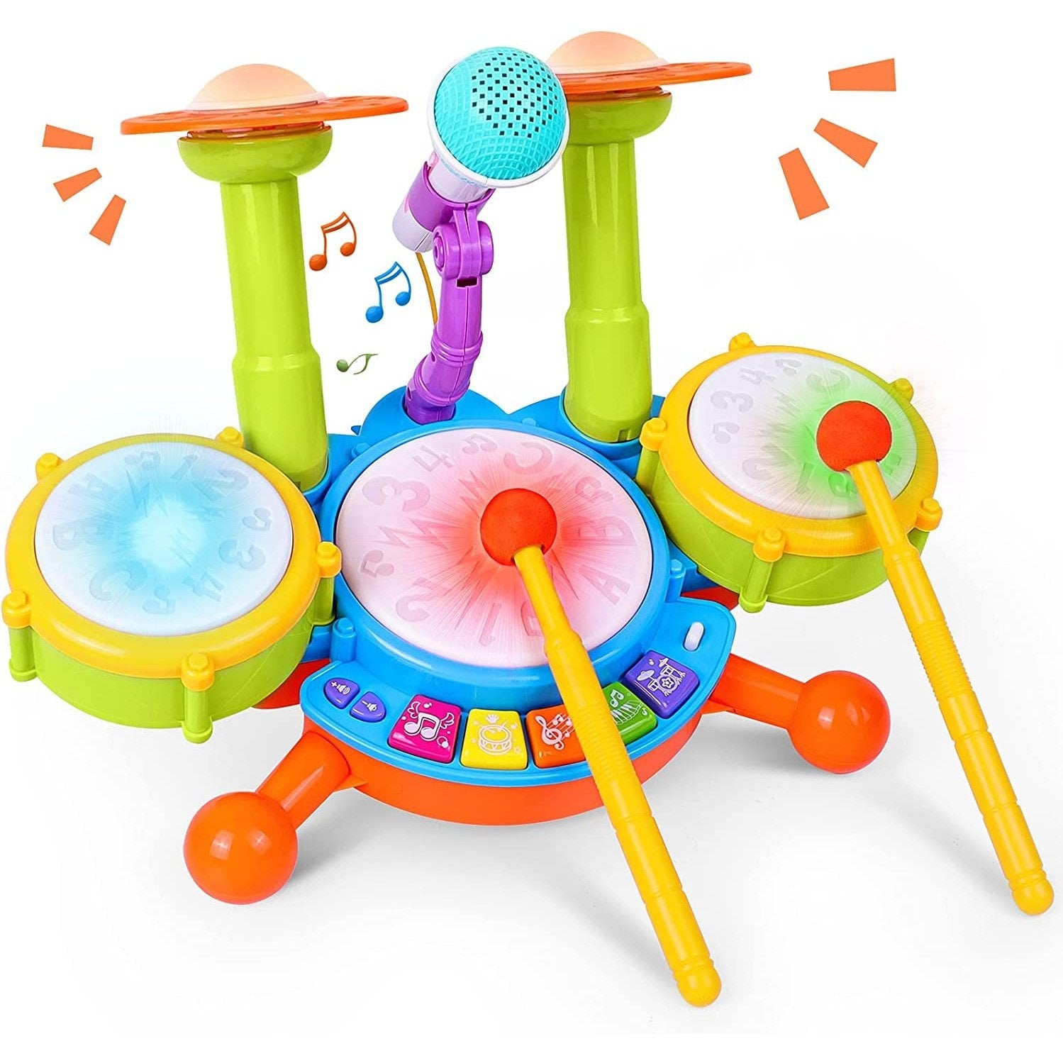 Kids Drum Set, Rabing Electric Musical Instruments Toys with 2 Drum Sticks, Beats Flash Light and Adjustable Microphone, Early Learning Birthday Gift for 3+ Years Old Boys and Girls, Multicolor