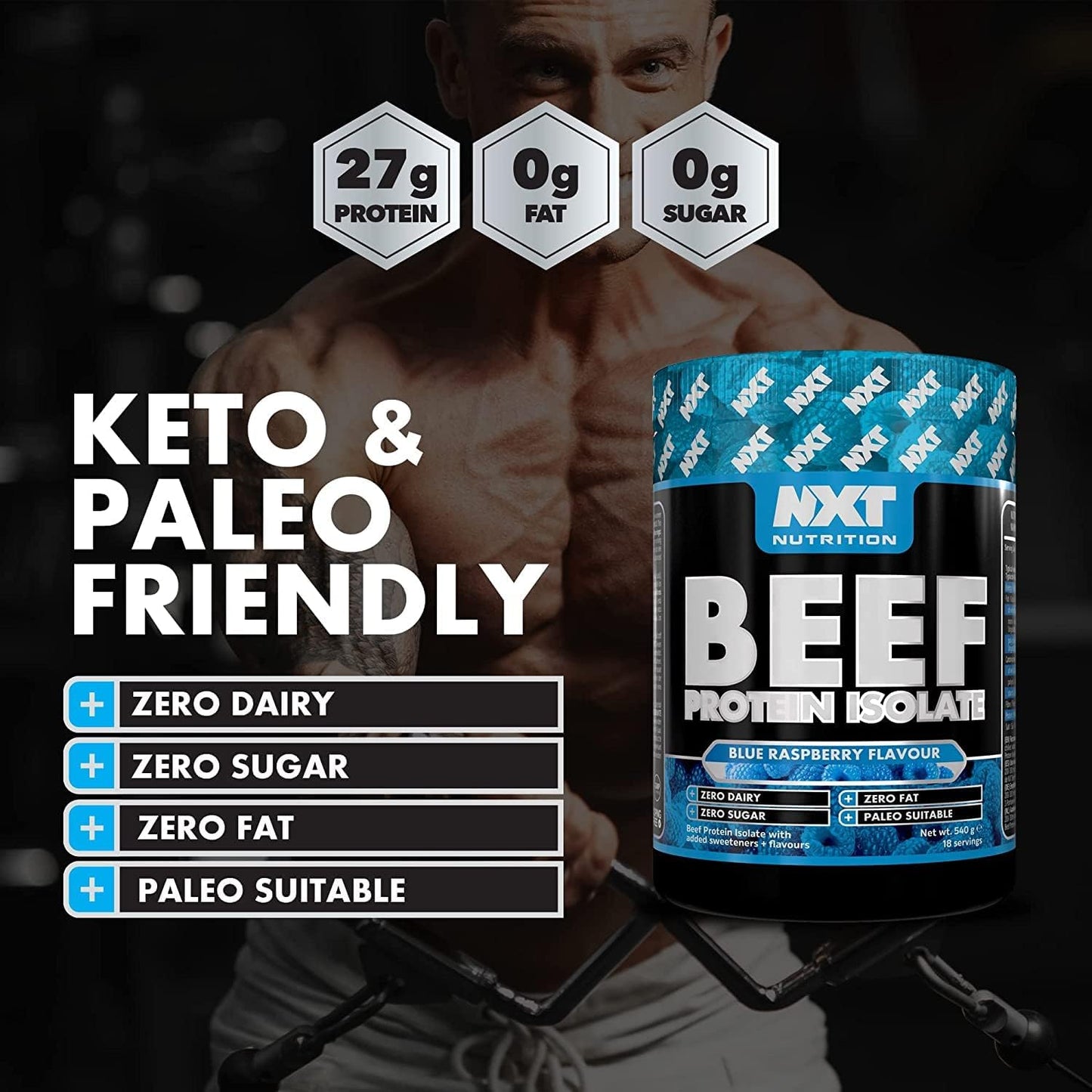 NXT Beef Protein Isolate 540G - High Protein Powder in Natural Amino Acids - Paleo, Keto Friendly - Dairy and Gluten Free | 540G (Blue Raspberry)