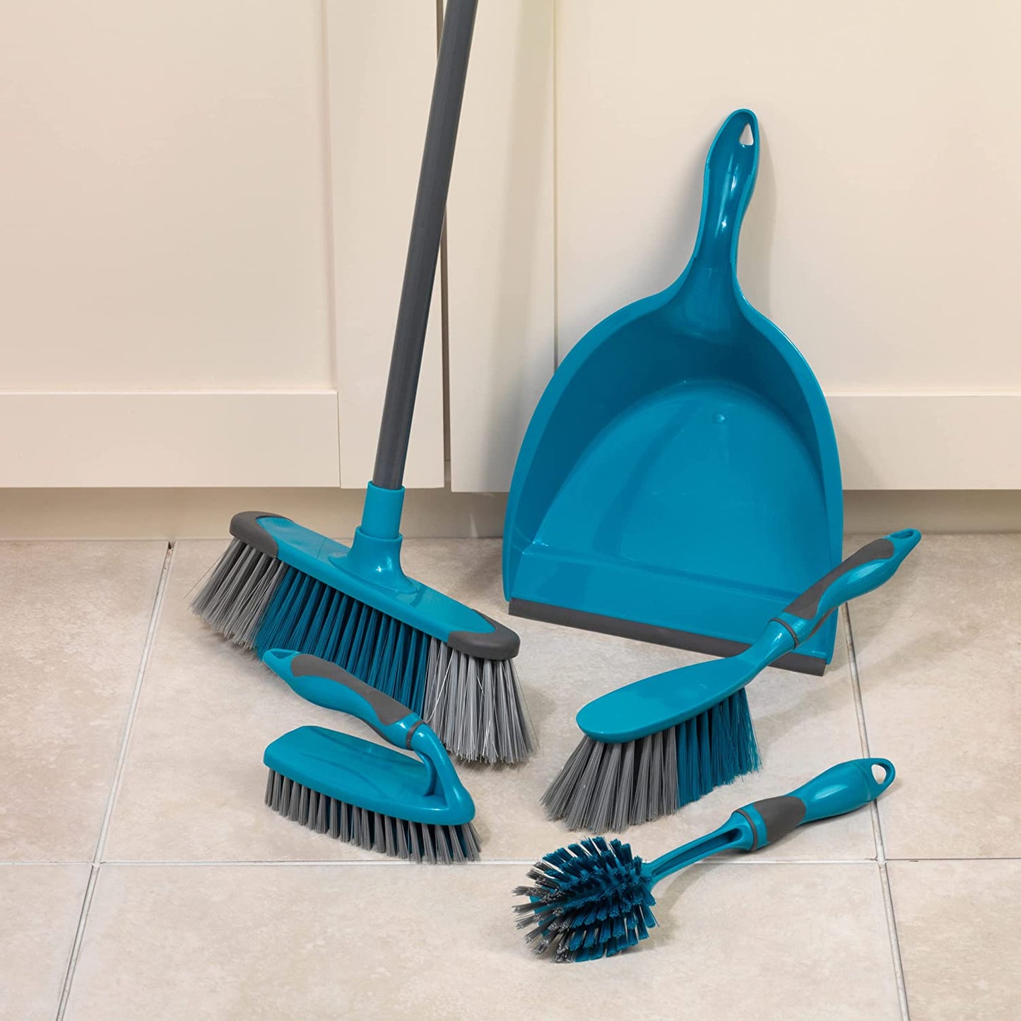 Cleaning Set with Broom 5 Piece , Dustpan and Brush, Scrubbing Brush & Dish Brush, Turquoise Clear Store