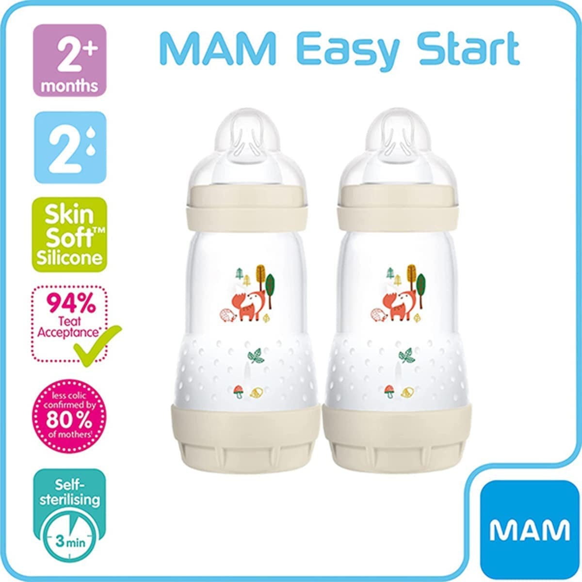 Easy Start Colours of Nature Self Sterilising Anti-Colic Baby Bottle (2 X 260 Ml Foxes), Medium Flow  Teats Size 2, Reduced Colic Baby Bottle , Newborn Essentials