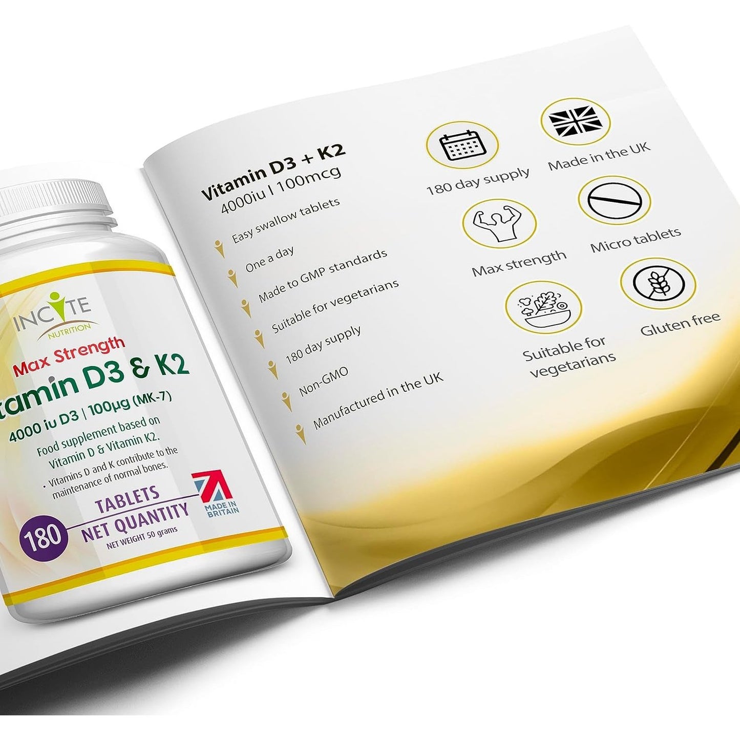 Vitamin D3 K2 (MK7) 100 UG - 180 Premium Vegetarian Tablets - 6 Month’S Supply - High Strength Quality Vitamin D3 4000, Vitamin K2 - Made in the UK by ®