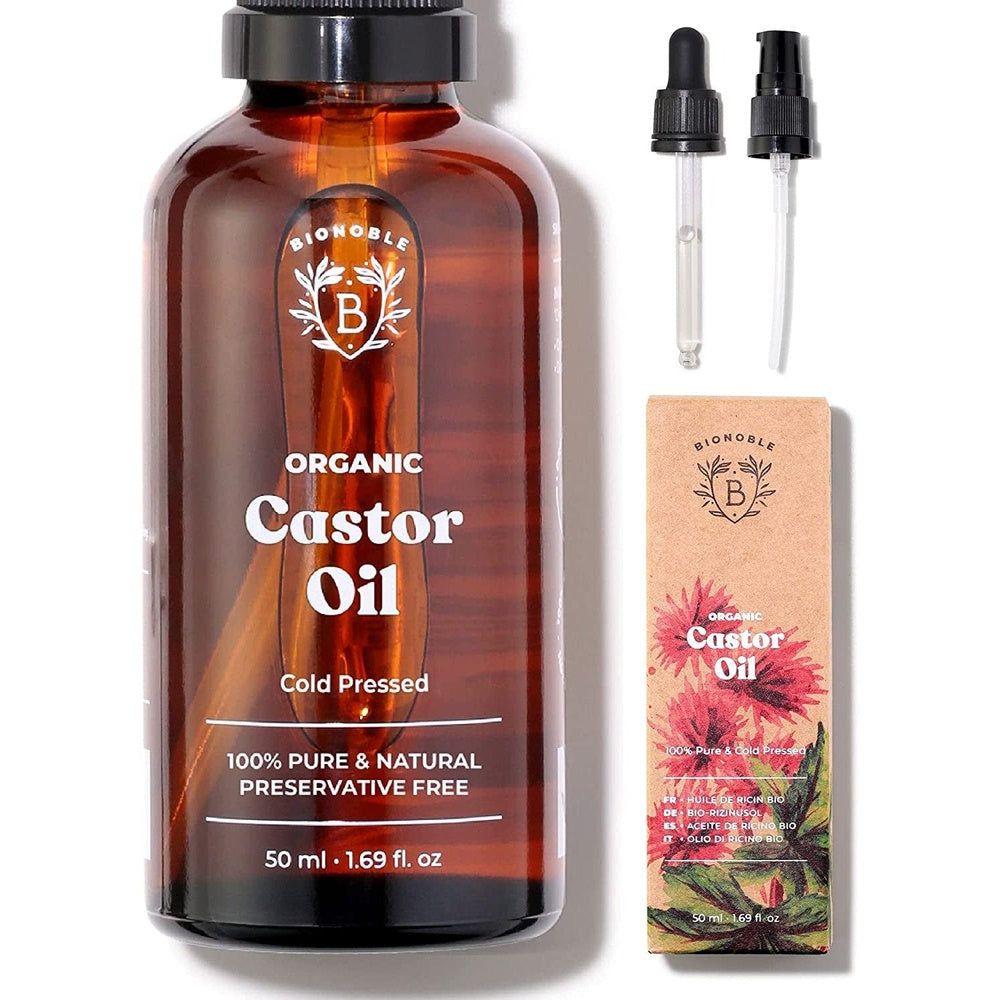 Organic Castor Oil 50Ml - 100% Pure, Natural and Cold Pressed - Lashes, Eyebrows, Body, Hair, Beard, Nails - Vegan and Cruelty Free - Glass Bottle + Pipette + Pump