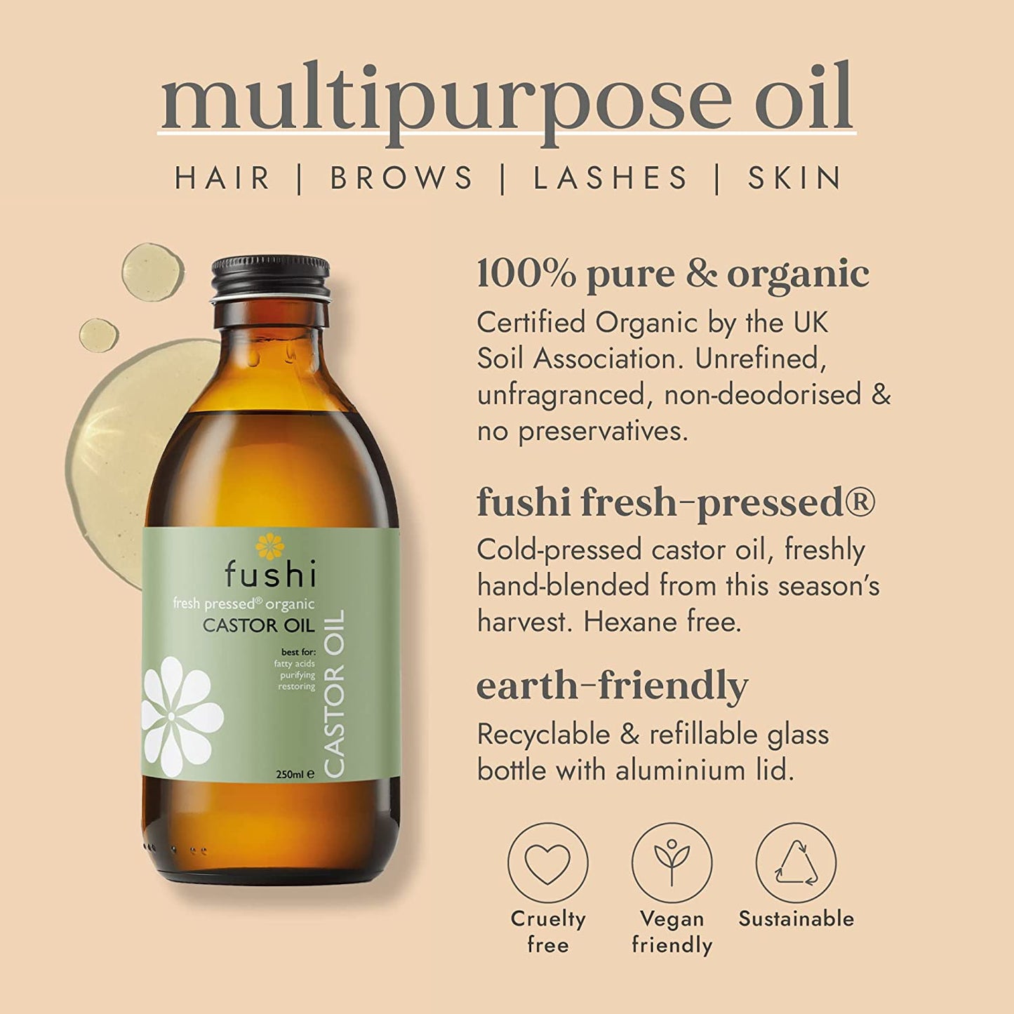 Fushi Organic Castor Oil - 250Ml 100% Pure Cold & Fresh-Pressed for Dry Skin & Hair Growth, Eyelashes & Eyebrows Hexane Free Food-Grade for Inner Health Sustainably Sourced