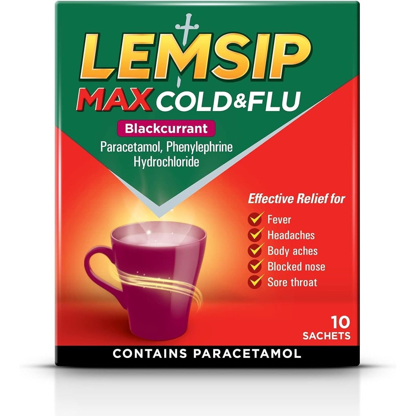 Max Cold and Flu Blackcurrant Sachets, with Paracetamol, Pack of 10 (Packaging May Vary)