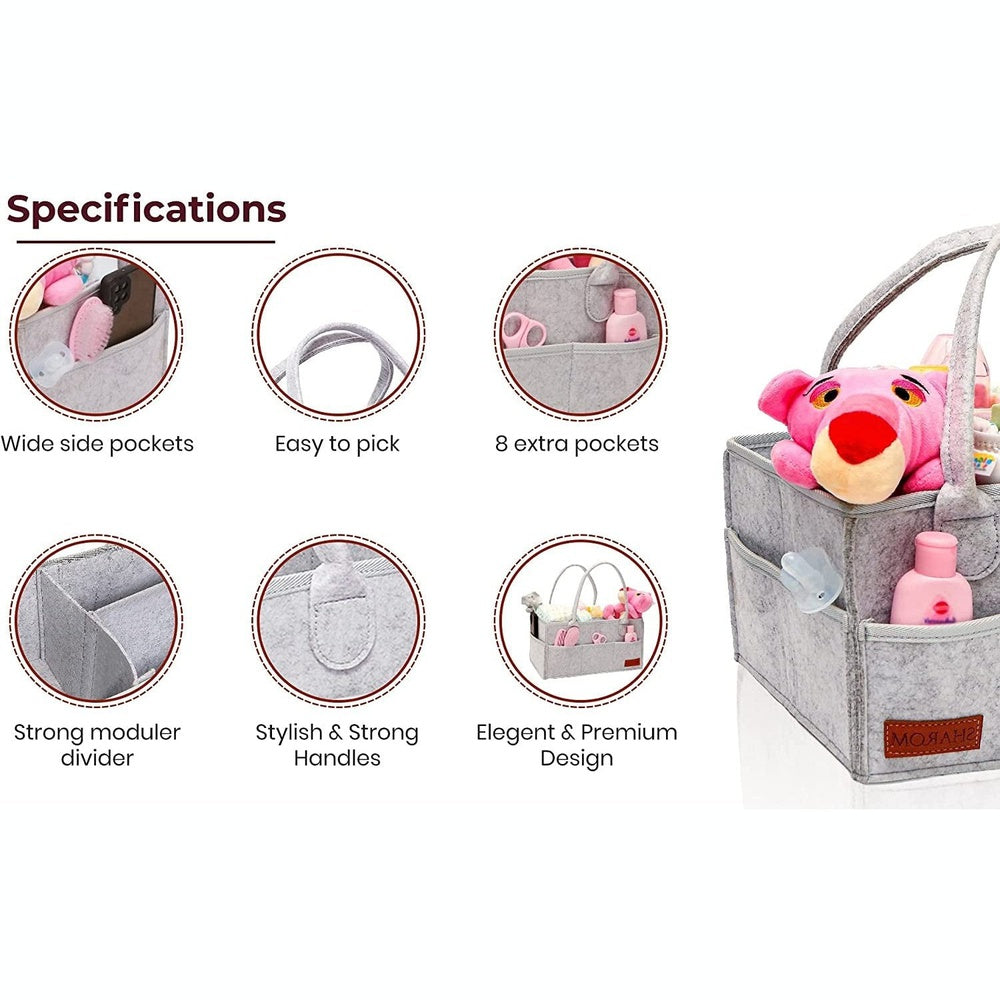 Nappy Caddy Organiser - Sturdy 3Mm Thick Portable Baby Diaper Bag for Storage - Newborn Essentials Easy to Carry Nursery Basket for Wipes and Hamper, Grey Felt Clear Store