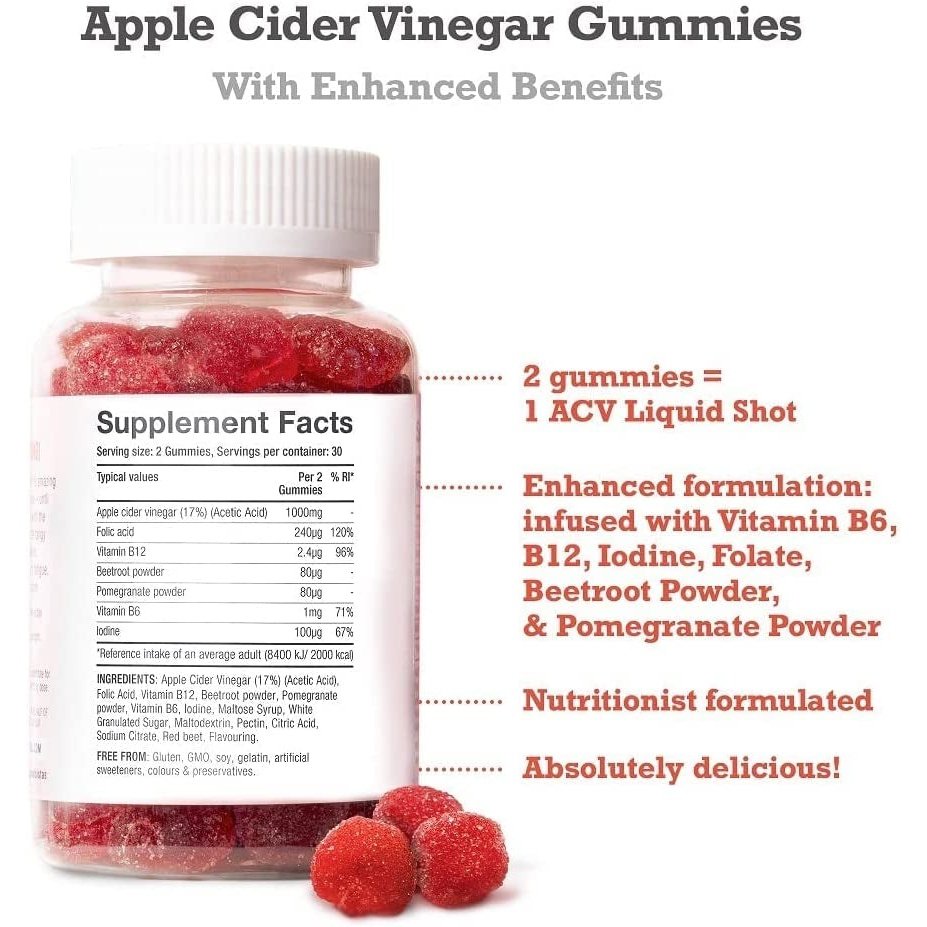 Apple Cider Vinegar Gummies with the Mother 1000Mg Enhanced with Vitamin B12 & Folic Acid | 60 High Strength ACV Vegan Capsules with Pomegranate & Beetroot Powder | Natural Ingredients |