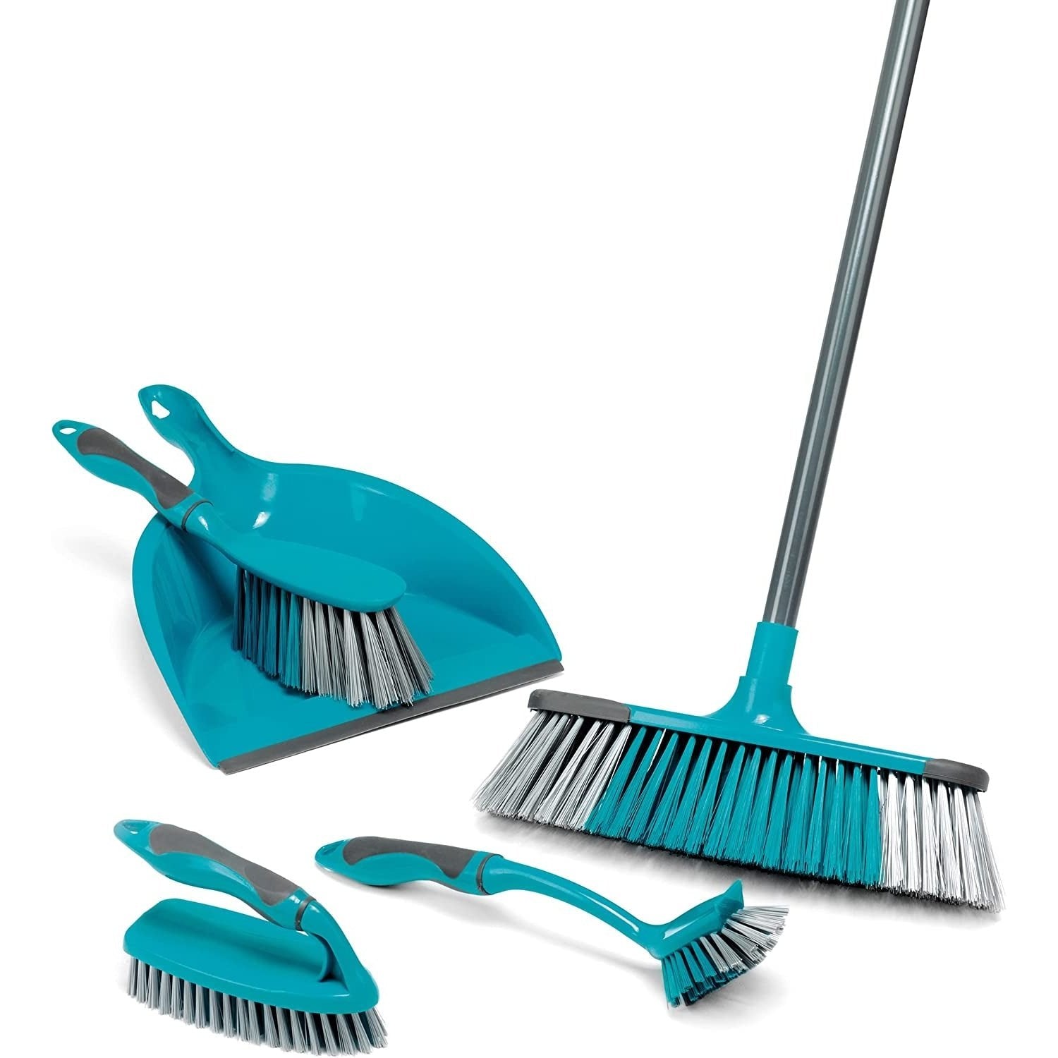 Cleaning Set with Broom 5 Piece , Dustpan and Brush, Scrubbing Brush & Dish Brush, Turquoise Clear Store