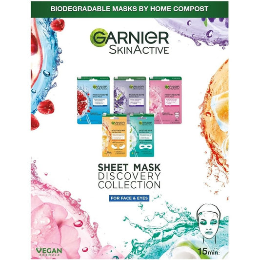 Garnier Sheet Mask Discovery Collection, Face & Eye Sheet Mask set for Dehydrated, Dull and Tired Skin, with Glycerin and Hyaluronic Acid - Pack of 5 Sheet Masks Clear Store