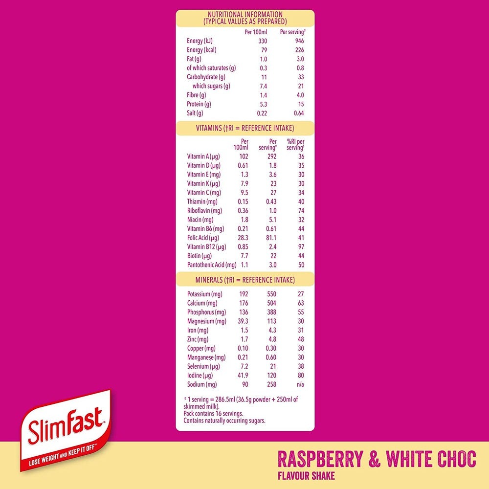 Slimfast Balanced Meal Shake, Raspberry & White Choc Flavour 16 Servings 584g Clear Store