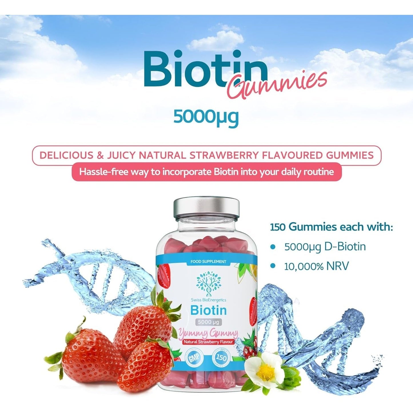 Biotin Gummies 5,000Mcg per Natural Strawberry Flavoured Juicy Yummy Gummy - 150 Vegan Gummies - Supports Normal Skin & Hair Growth - Chewable Hair Vitamins - No Artificial Sweeteners – UK Made