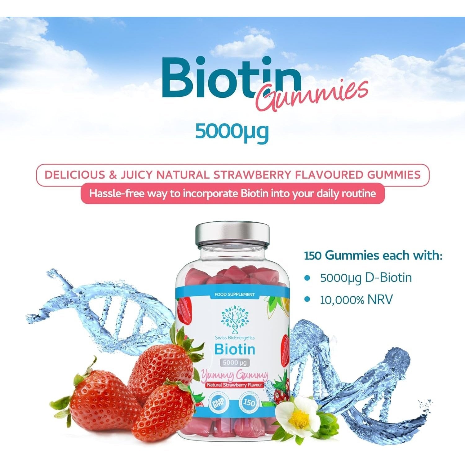 Biotin Gummies 5,000Mcg per Natural Strawberry Flavoured Juicy Yummy Gummy - 150 Vegan Gummies - Supports Normal Skin & Hair Growth - Chewable Hair Vitamins - No Artificial Sweeteners – UK Made