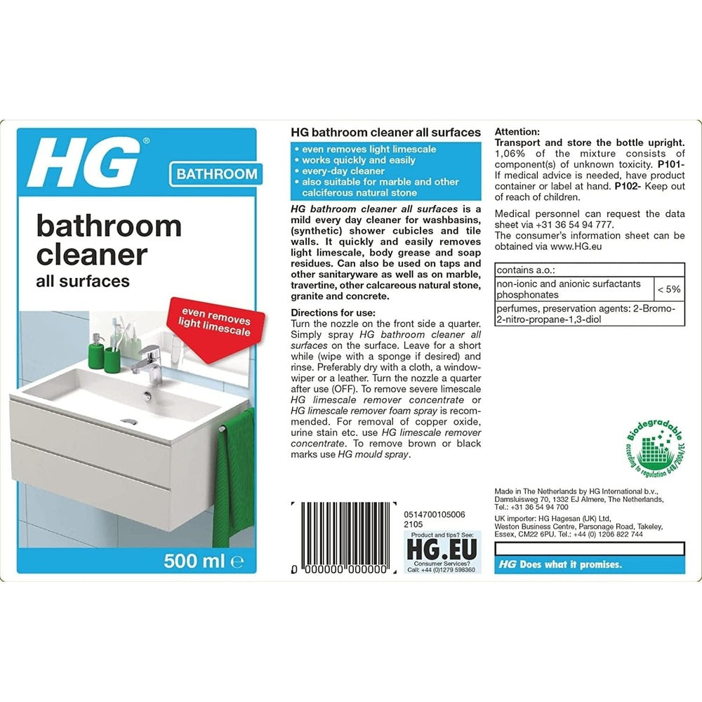 HG Bathroom Cleaner All Surfaces 500ml Spray Clear Store