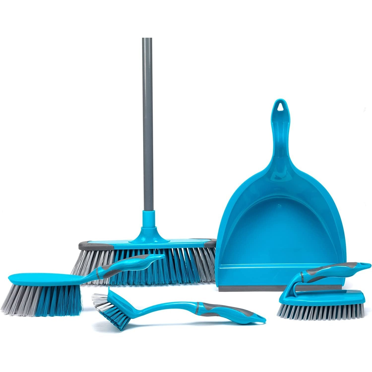 Cleaning Set with Broom 5 Piece , Dustpan and Brush, Scrubbing Brush & Dish Brush, Turquoise Clear Store