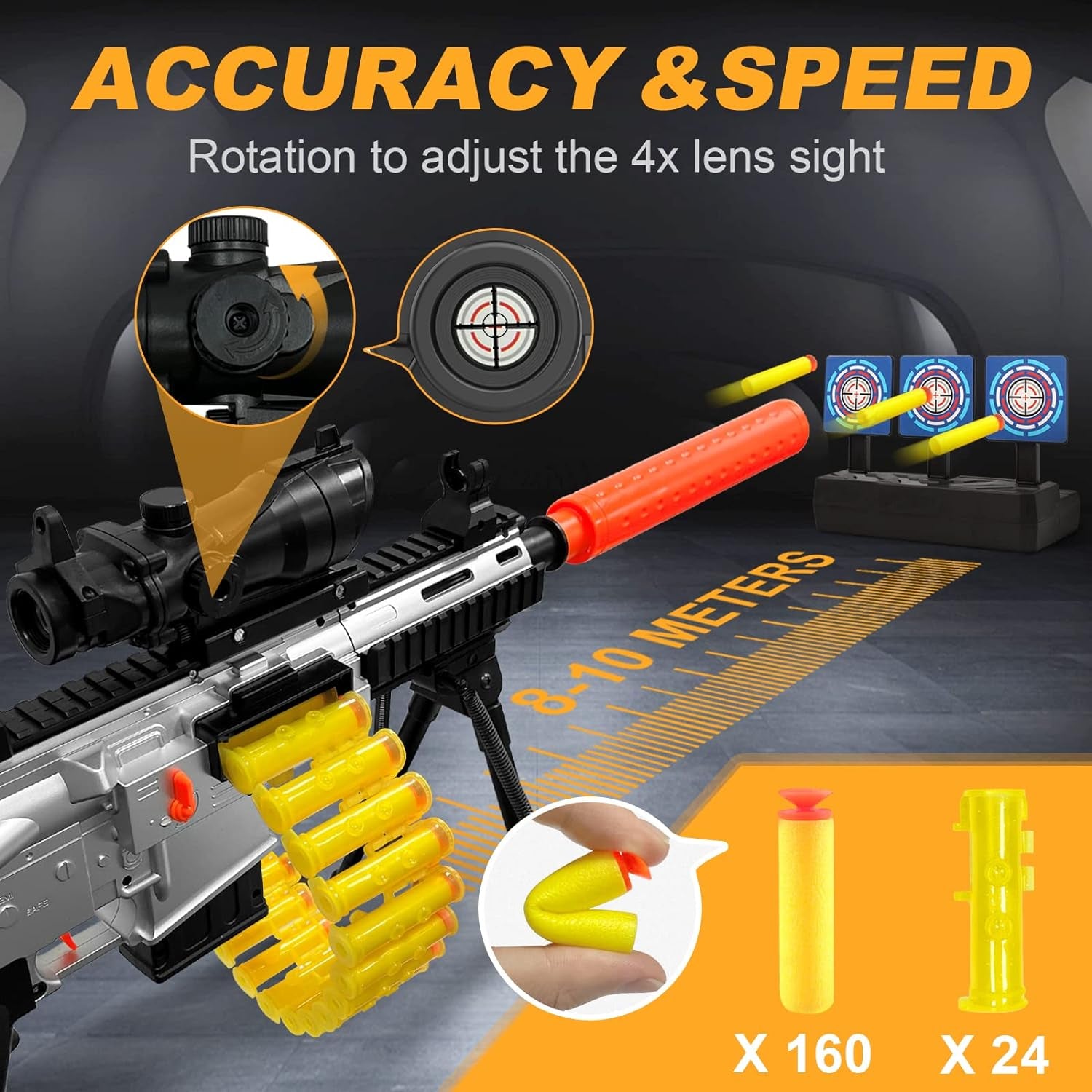 Automatic Toy Guns for Nerf Guns, 6 Modes Upgraded M416 Foam Toy Gun with 160 Darts, Shooting Games for Kids with Scope Bipod, Toys for 6+ Year Old Boys & Girls Birthday Christmas