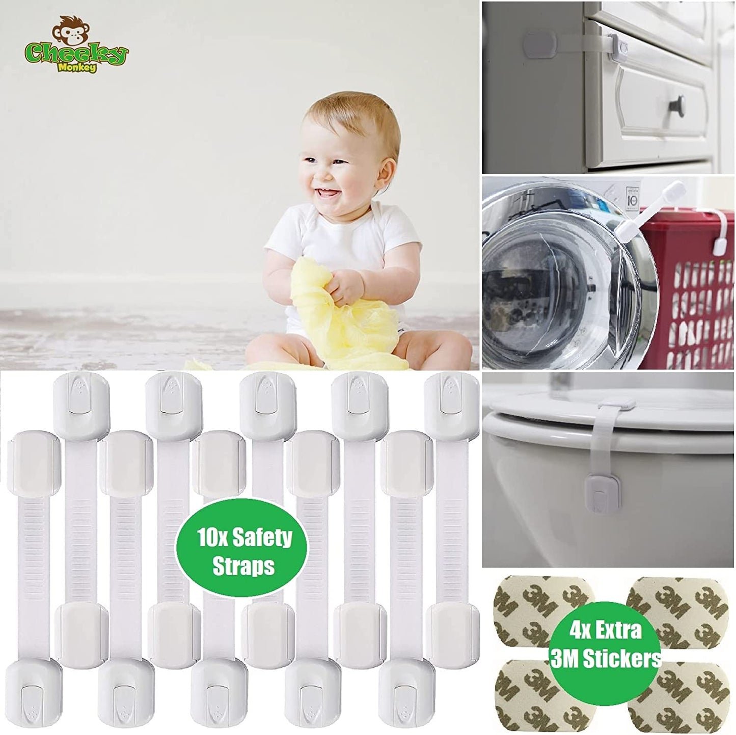 10 Pack Child Safety Strap | Cupboard Door Locks for Children | Baby Proof for Cabinets Drawers Toilet Fridge Locks | Adjustable with No Trapped Fingers Easy to Install