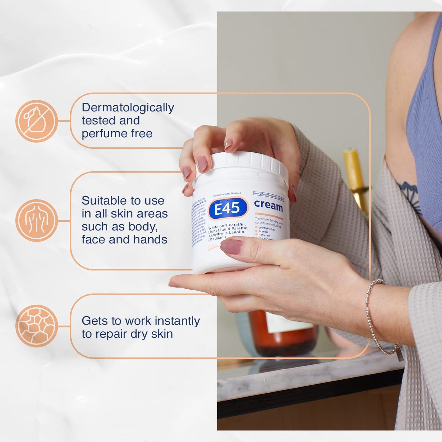 E45 Cream 350 G – E45 Cream for Dry, Irritated Skin – Moisturiser to Soothe Dry & Sensitive Skin - Dermatologically Tested Eczema Dermatitis Cream – Non-Greasy Body Face Hand Cream – Clinically Proven