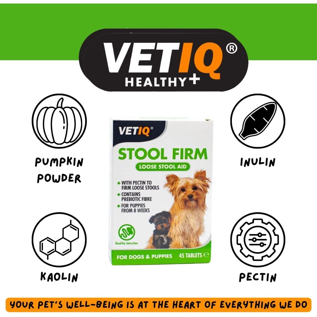 Vetiq Stool Firm Loose Stool Aid, 45 Tablets, with Pectin & Prebiotic Fibre to Firm Stools for Dogs/Puppies from 8 Weeks Clear Store