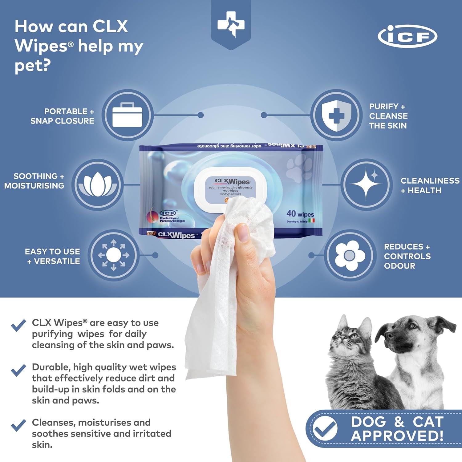 - CLX Wipes - Dog Wipes Antibacterial + Antifungal - Pet Cat & Dog Grooming Wipes for Cleaning Ear, Eye, Paw & Bums - Dog Cleaning Wipes - 40 Wipes