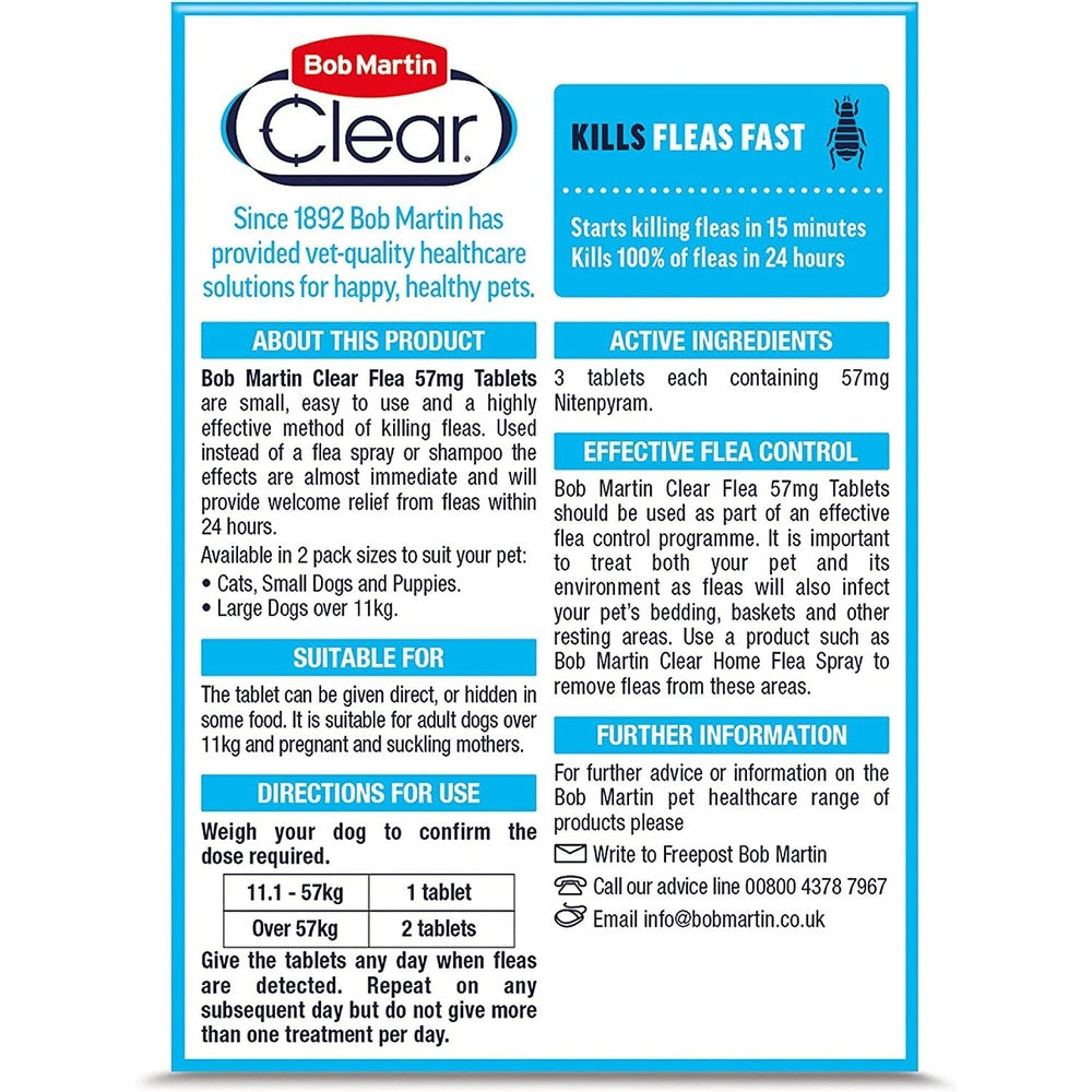 Bob Martin Clear Flea Tablets for Large Dogs 11Kg+ Effective Treatment, Kills 100% of Fleas within 24 Hours (3 Tablets) Clear Store