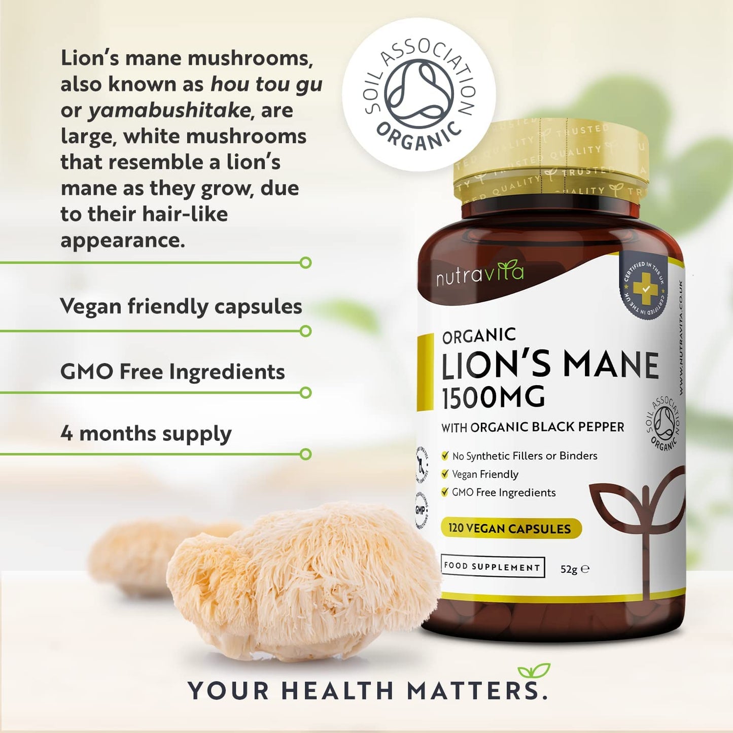 Organic Lions Mane Mushroom 1500Mg - 120 High Strength Vegan Capsules (Not Powder) - Lions Mane Supplement with Organic Black Pepper - Made in the UK by