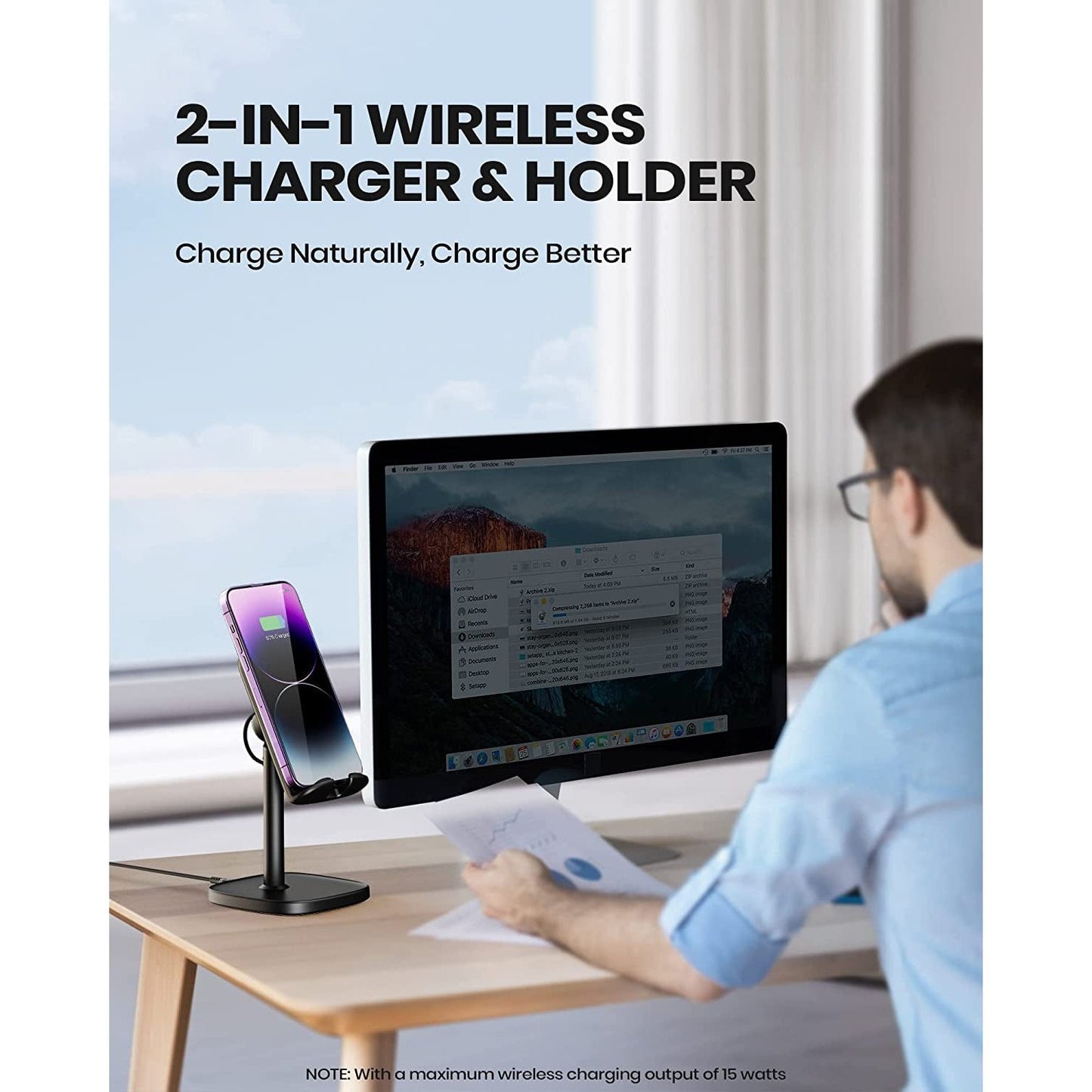 INIU Wireless Charger Phone Stand, 15W Fast Charge Adjustable Phone Desk Holder with Sleep-Friendly Adaptive Indicator Wireless Charging Support for Iphone 14 13 12 11 Pro Max XR Samsung Google LG Etc