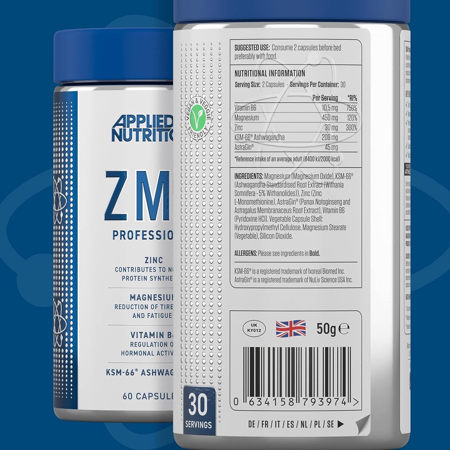 ZMA - Zinc, Magnesium, Vitamin B6 with Added KSM-66, Supports Testosterone Levels, Normal Muscle Function & Energy, Made in the UK (60 Capsules - 30 Servings)