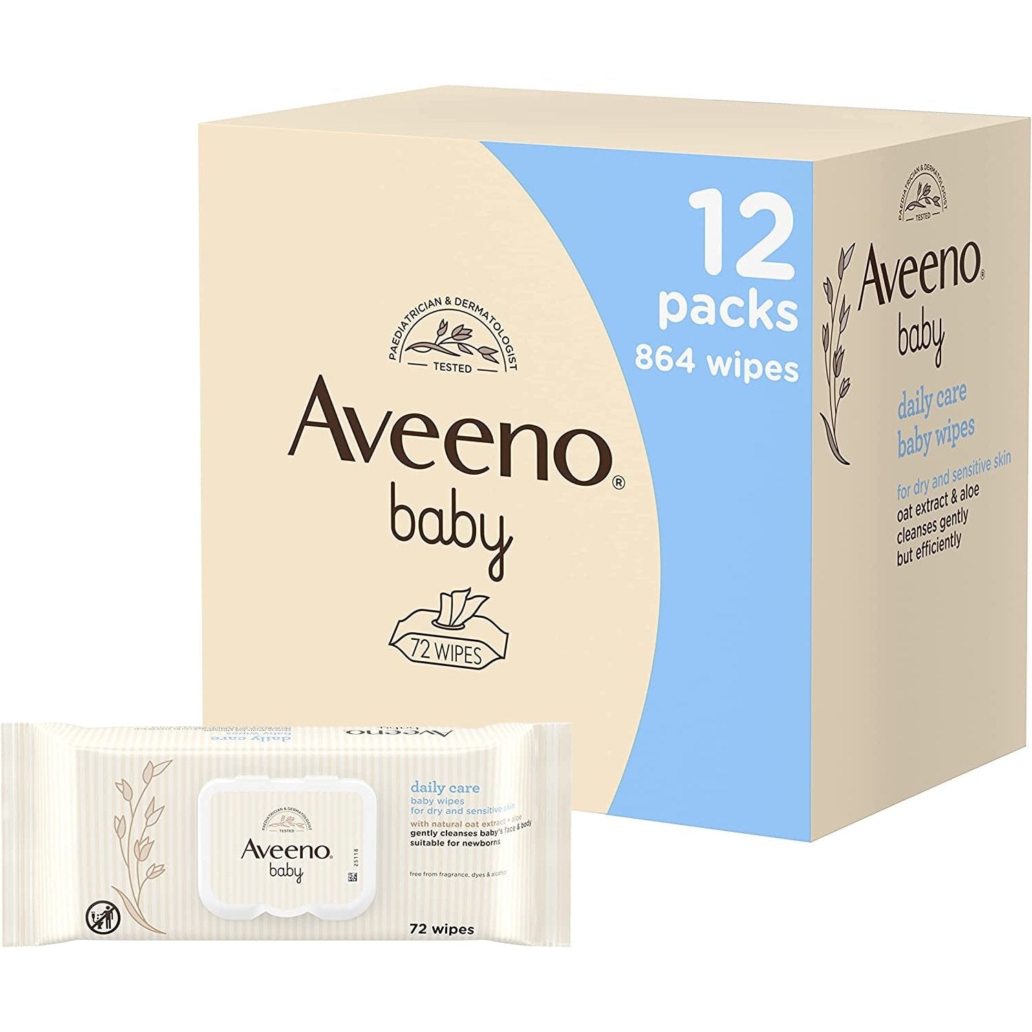 Aveeno Baby Daily Care Wipes - Sensitive Skin - Cleanse Gently and Efficiently - Baby Wipes - Baby Essentials - Pack of 12 (864 Wipes in Total) (Packaging May Vary)