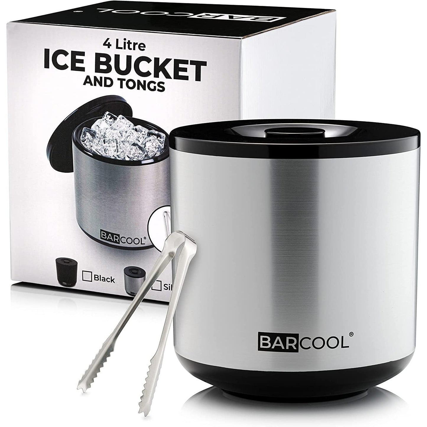 Ice Bucket with Lid and Ice Tongs | 4 Litre | round & Double Walled Insulation | Perfect for Home Bars, Pubs, Restaurants, Bbqs and Picnics (Silver)