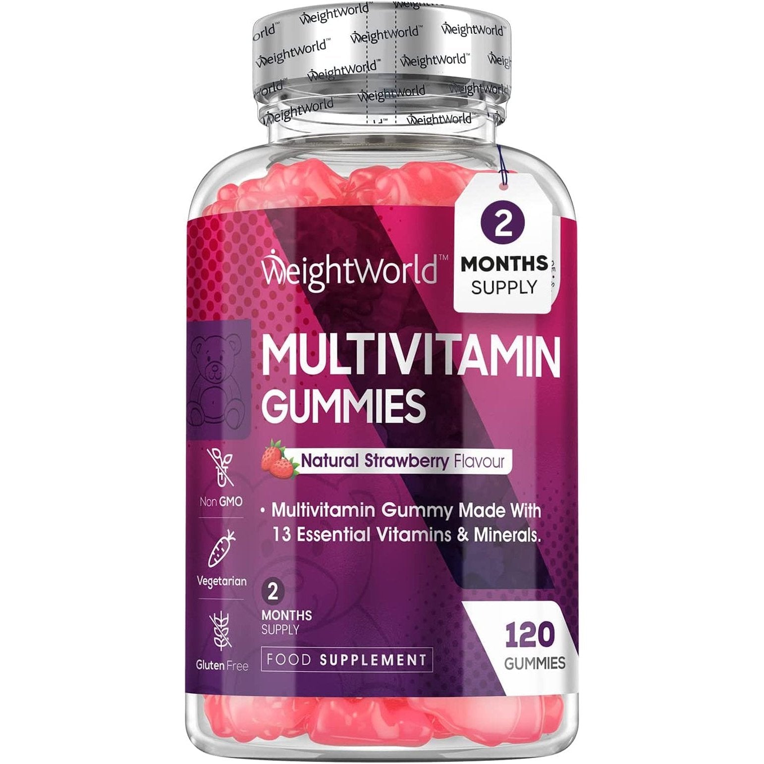 Multivitamin Gummies for Women & Men - 2 Months Supply - 13 Multivitamins & Minerals - 120 Vitamin Gummies - with Vitamin C, A, D, B, Biotin & Zinc - Strawberry Flavoured Chewable Multivitamins Adults