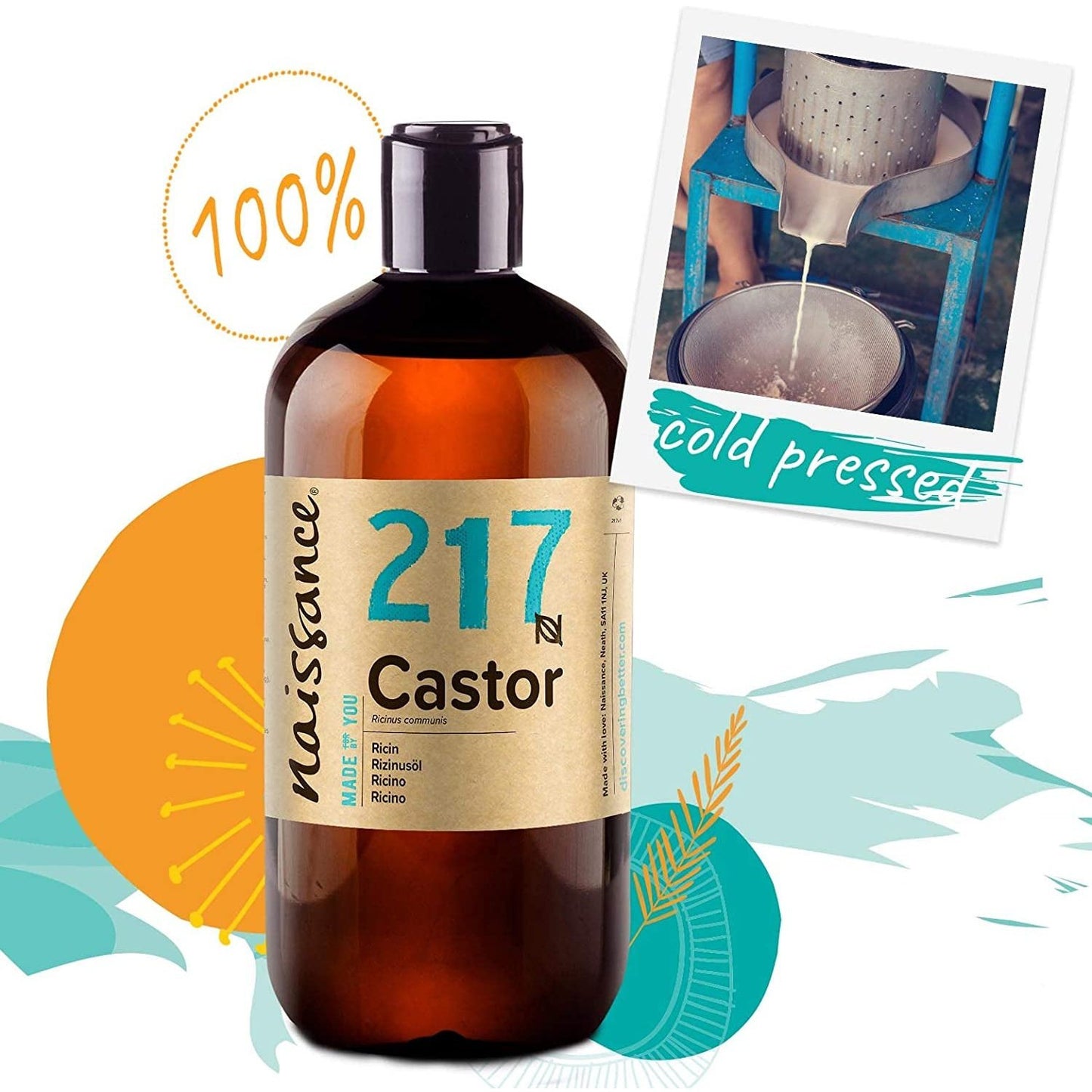 Cold Pressed Castor Oil (No. 217) 500Ml - 100% Pure for Eyelashes, Hair, Eyebrows, Beard Growth - Moisturiser for Nails and Skin – Base Oil for Massage - Vegan, Hexane Free, No GMO