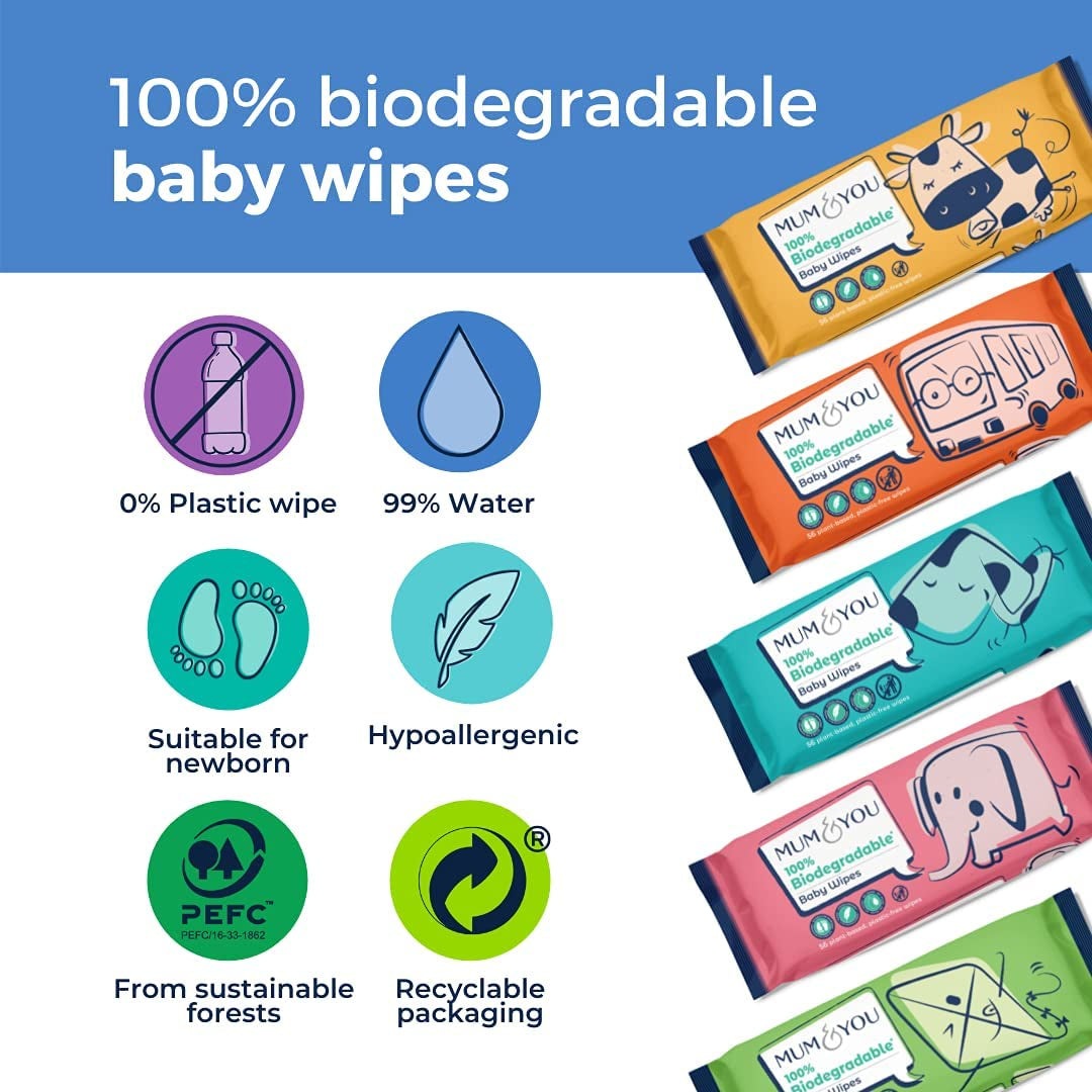 Mum & You Biodegradable Baby Wipes Multipack, 672 Wet Wipes (12 Packs), Plastic Free and Eco Friendly Wipes | Recyclable Packaging | Suitable for Newborn Sensitive Skin | 99.4% Water Based Wipes