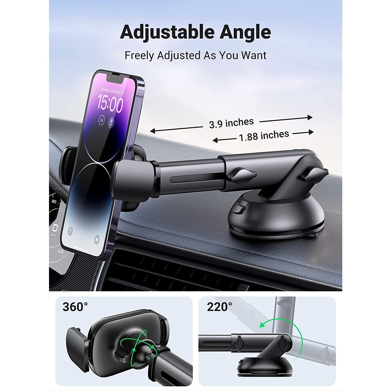 UGREEN Car Phone Holder Windscreen Mount Dashboard Phone Automobile Cradles Superior Suction Cup 360°Adjustable Long Arm Compatible with Iphone 14 Pro Max 13 12 11 SE, Galaxy S23 S22 Ultra (Black)