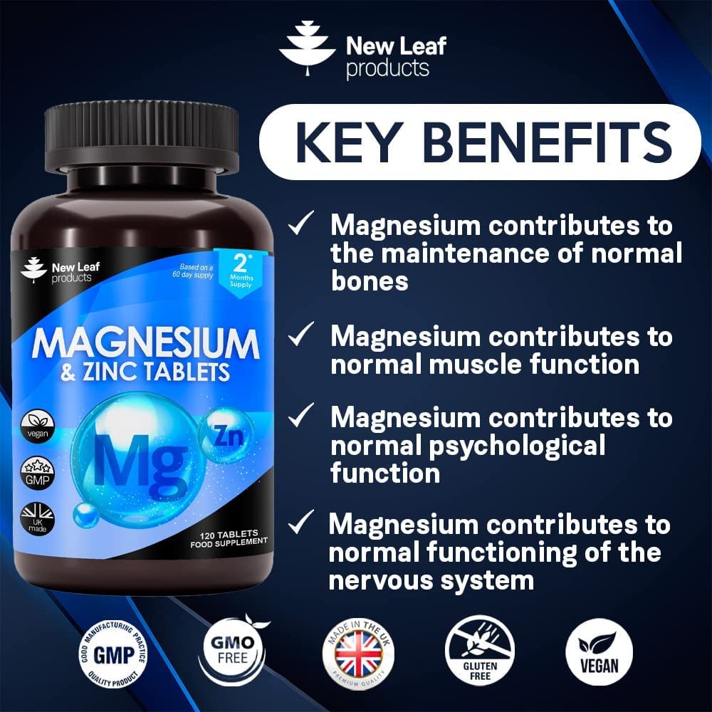 Magnesium Supplements 516Mg with Zinc - 120 Magnesium Tablets Supports Muscle Bone Health, Tiredness - High Strength Contributes to Many Health Factors Easy to Swallow Sleep Supplement (Not Capsules)