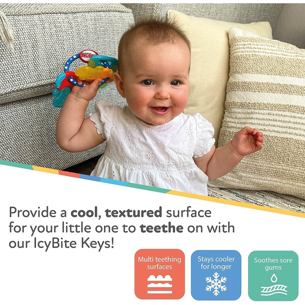 Nuby Icybite™ Keys – Soothing Teether | Multiple Teething Surfaces | Refrigerator Safe | Suitable from 3 Months Plus Clear Store