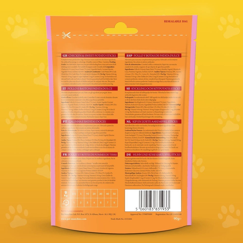 Chicken and Sweet Potato Dogs Food Treats, Healthy Dental Sticks with Real Meat 90g Clear Store