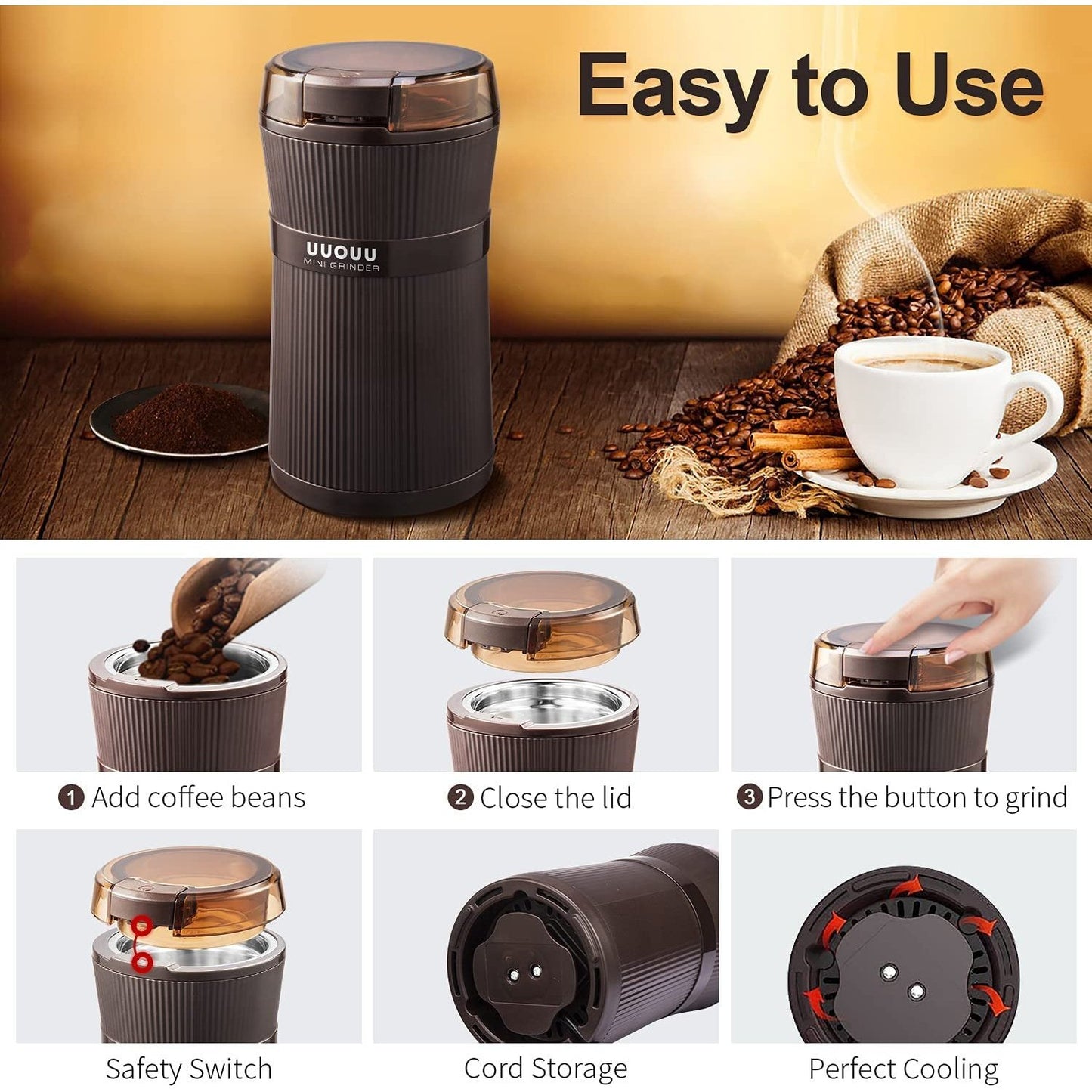 Coffee Grinder with Brush, Stainless Steel Blade, Multipurpose & Durable Clear Store