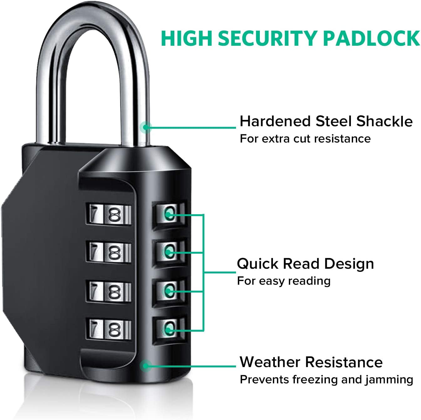 Padlock,  Code Padlock, Gym Padlock, 4 Digit Outdoor Waterproof Resettable Combination Padlock (1 Pack Black) Clear Store