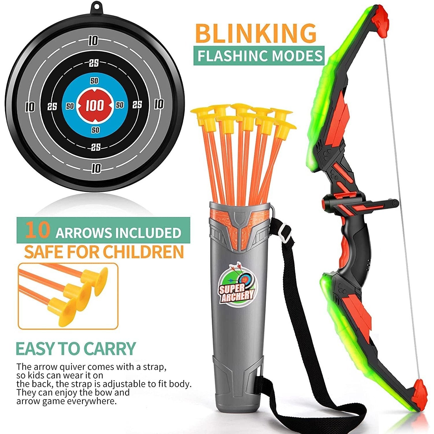 Kids Bow and Arrow Set - LED Light up Archery Toy Set with 10 Suction Cup Arrows, Target & Quiver, Indoor and Outdoor Toys for Children Boys Girls