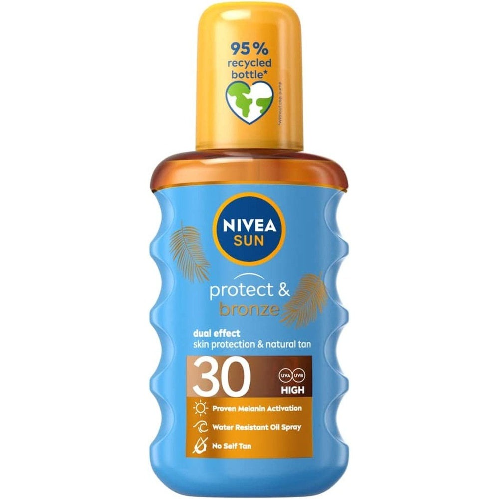 NIVEA SUN Protect & Bronze Oil Spray (200 Ml), SPF 30 Sun Oil with Natural Tan Accelerator Formula, Water-Resistant Sun Spray, Immediate Protection and Non-Greasy