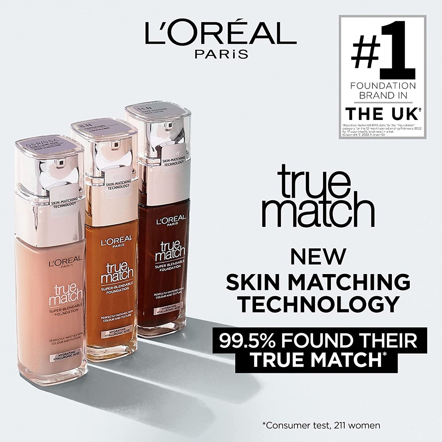 L'Oreal Paris True Match Liquid Foundation, Skincare Infused with Hyaluronic Acid, SPF 17, Available in 40 Shades, 1N Ivory, 30 Ml