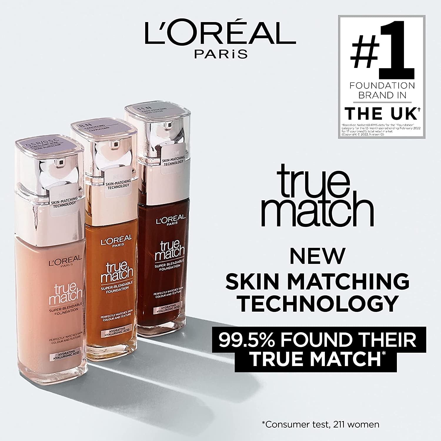 L'Oreal Paris True Match Liquid Foundation, Skincare Infused with Hyaluronic Acid, SPF 17, Available in 40 Shades, 1N Ivory, 30 Ml