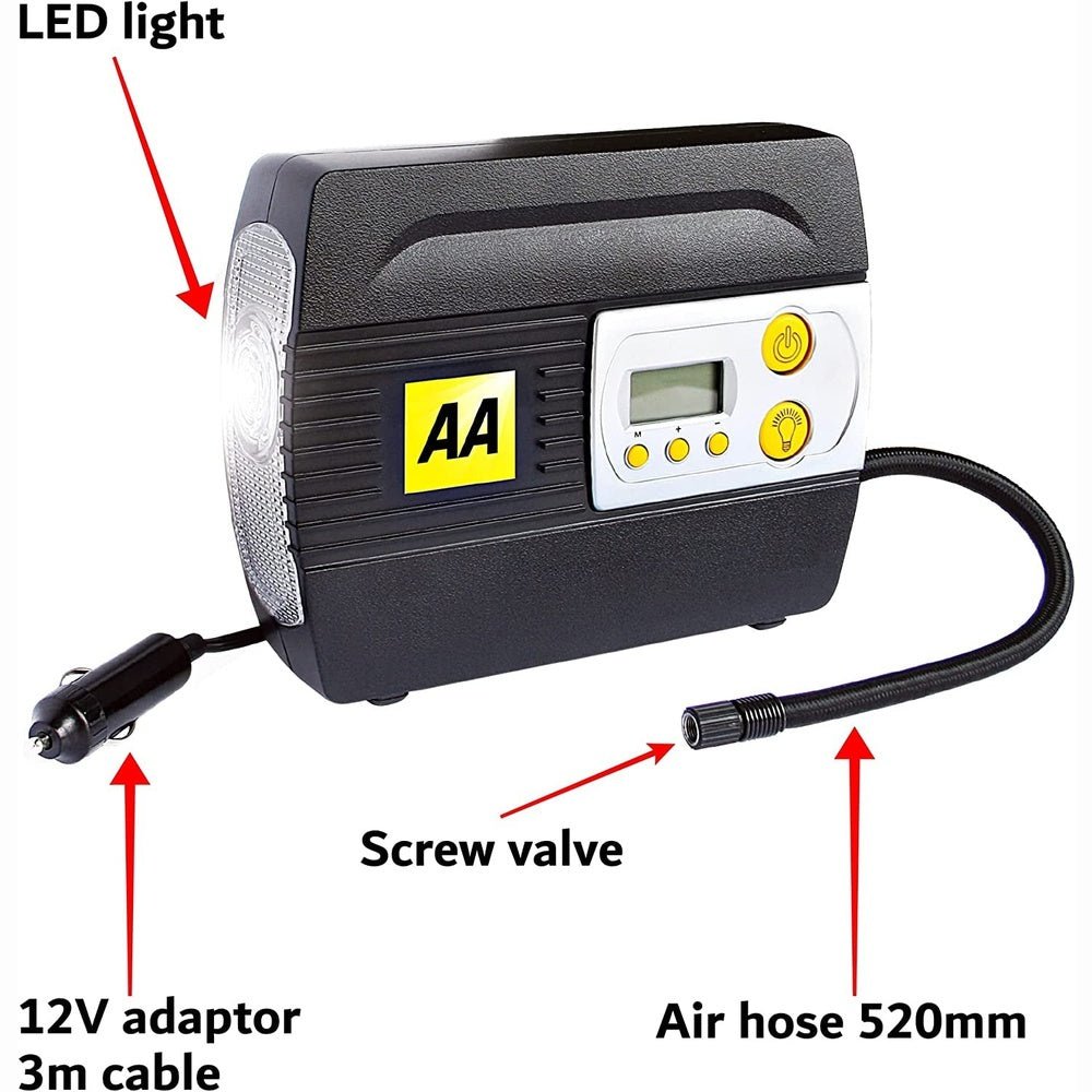 AA 12V Digital Tyre Inflator AA5502 – for Cars Other Vehicles Inflatables Bicycles - Shows PSI BAR KPA 0-120 PSI – Includes Adaptors, Black