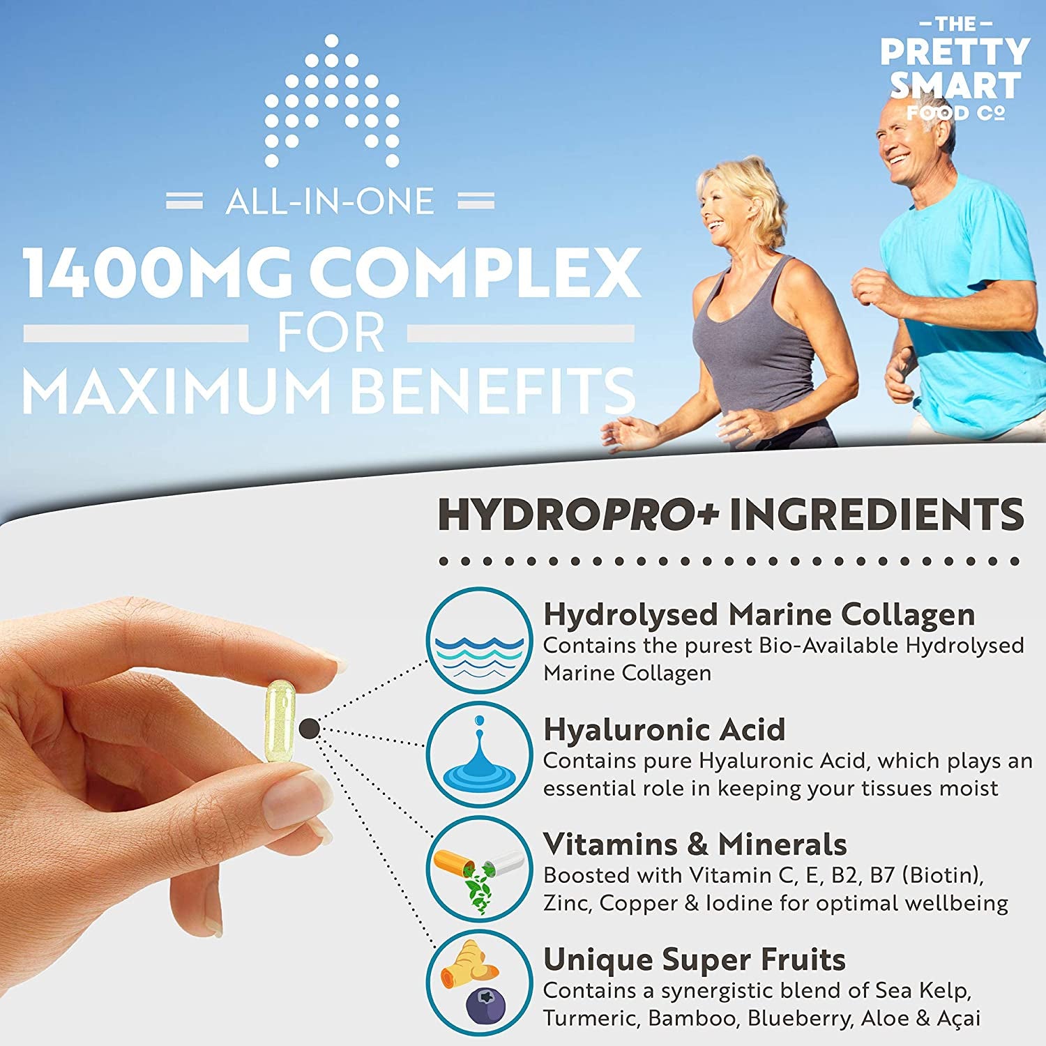 Powerful Marine Collagen Tablets - with Hyaluronic Acid, Biotin & Blueberry - 1400MG Complex - Hydrolysed Type 1 - with Vitamins & Minerals - 90 Capsules - Made in the UK by the Pretty Smart Food Co