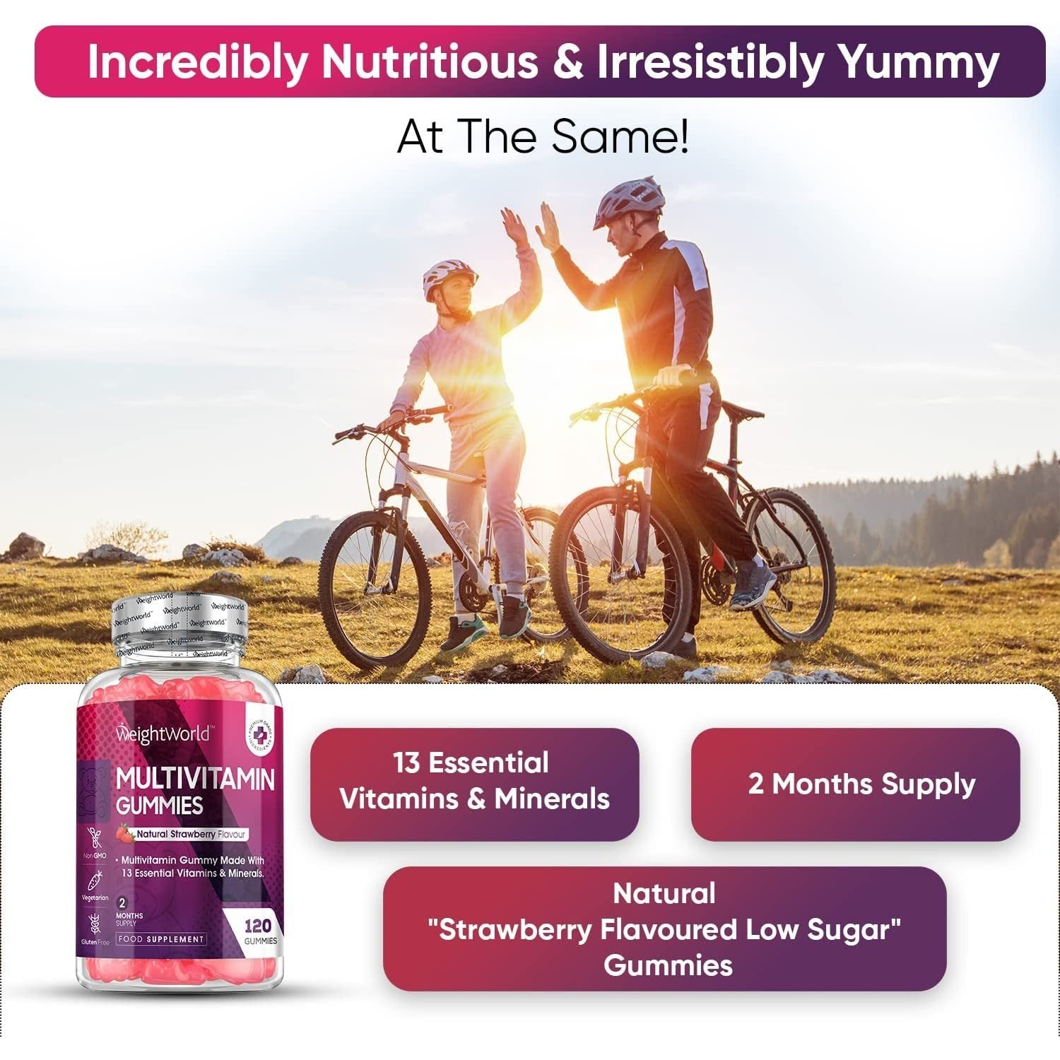 Multivitamin Gummies for Women & Men - 2 Months Supply - 13 Multivitamins & Minerals - 120 Vitamin Gummies - with Vitamin C, A, D, B, Biotin & Zinc - Strawberry Flavoured Chewable Multivitamins Adults