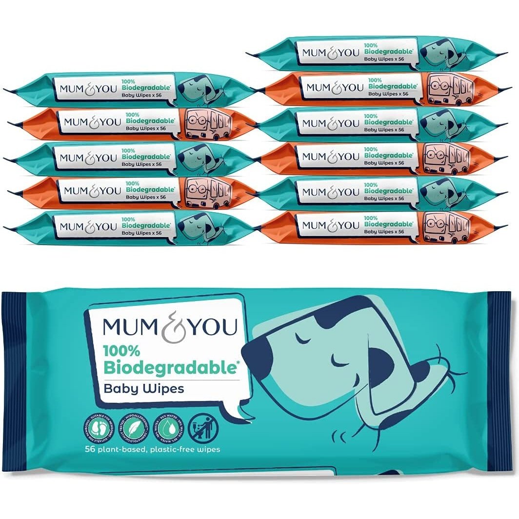 Mum & You Biodegradable Baby Wipes Multipack, 672 Wet Wipes (12 Packs), Plastic Free and Eco Friendly Wipes | Recyclable Packaging | Suitable for Newborn Sensitive Skin | 99.4% Water Based Wipes